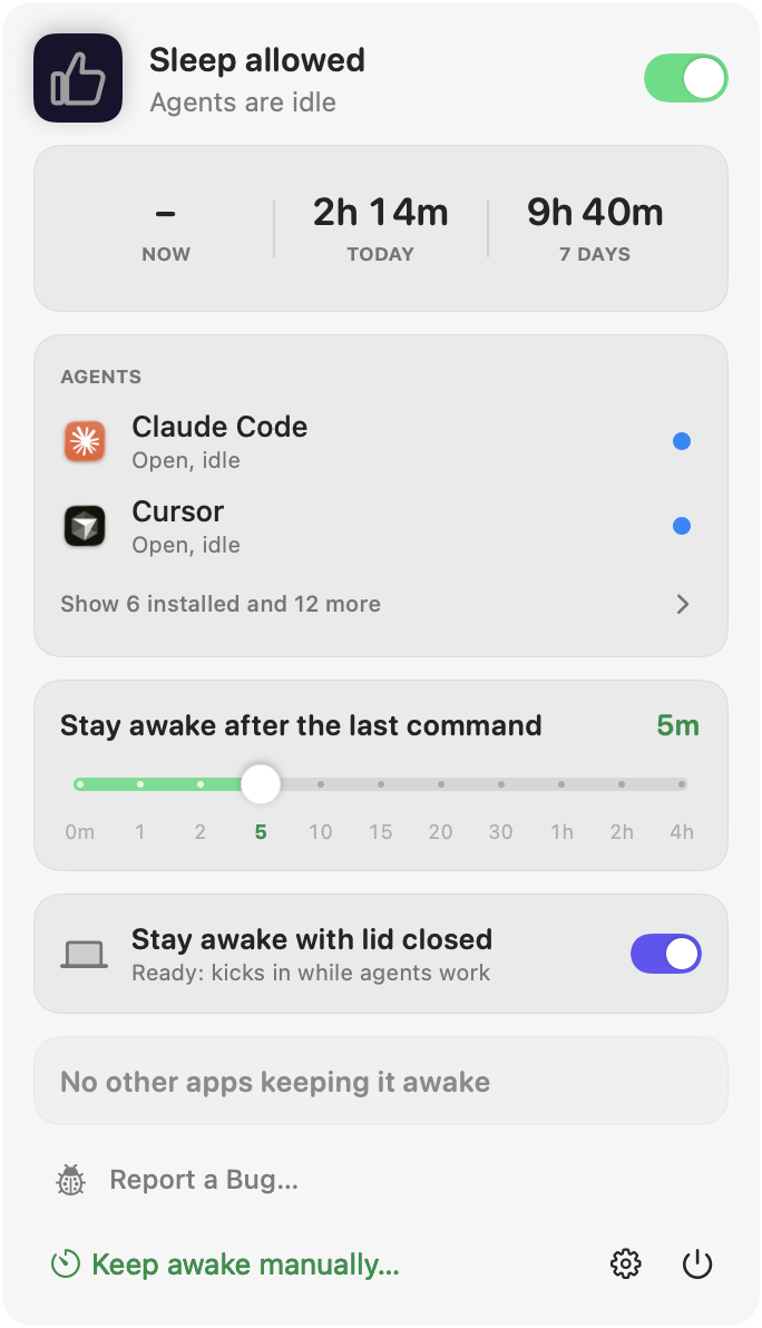 The thumbs-out panel, showing agents and how long it has kept the Mac awake.