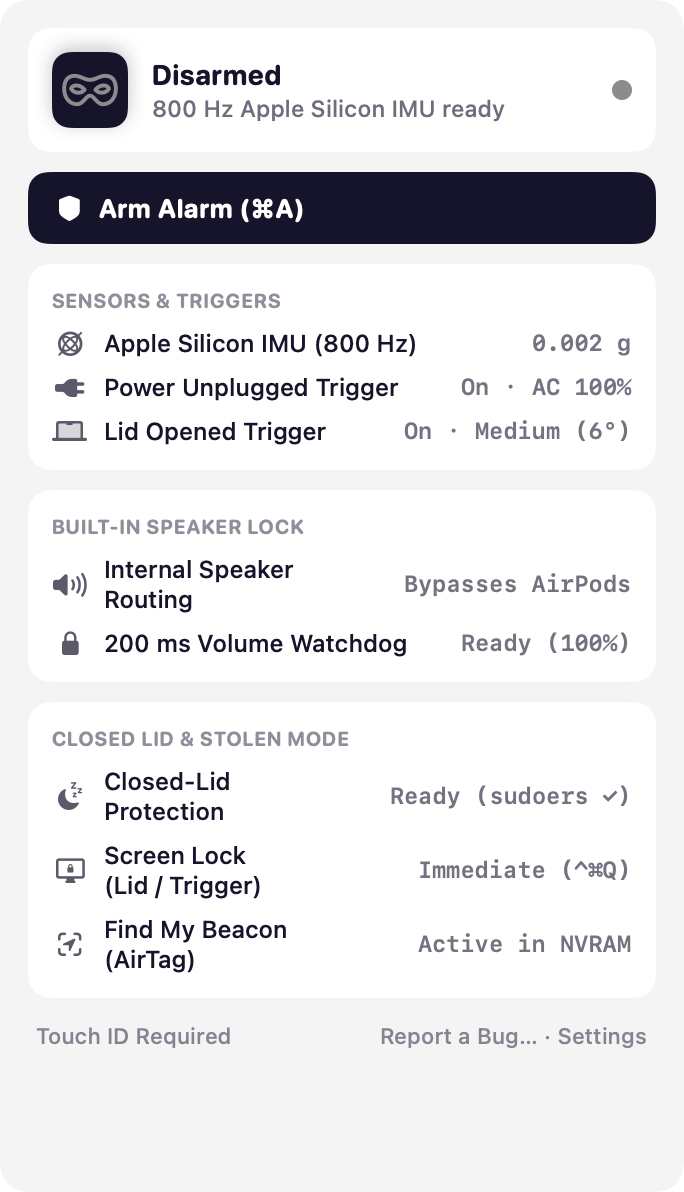 Tjuv panel disarmed: 800 Hz Apple Silicon IMU ready.
